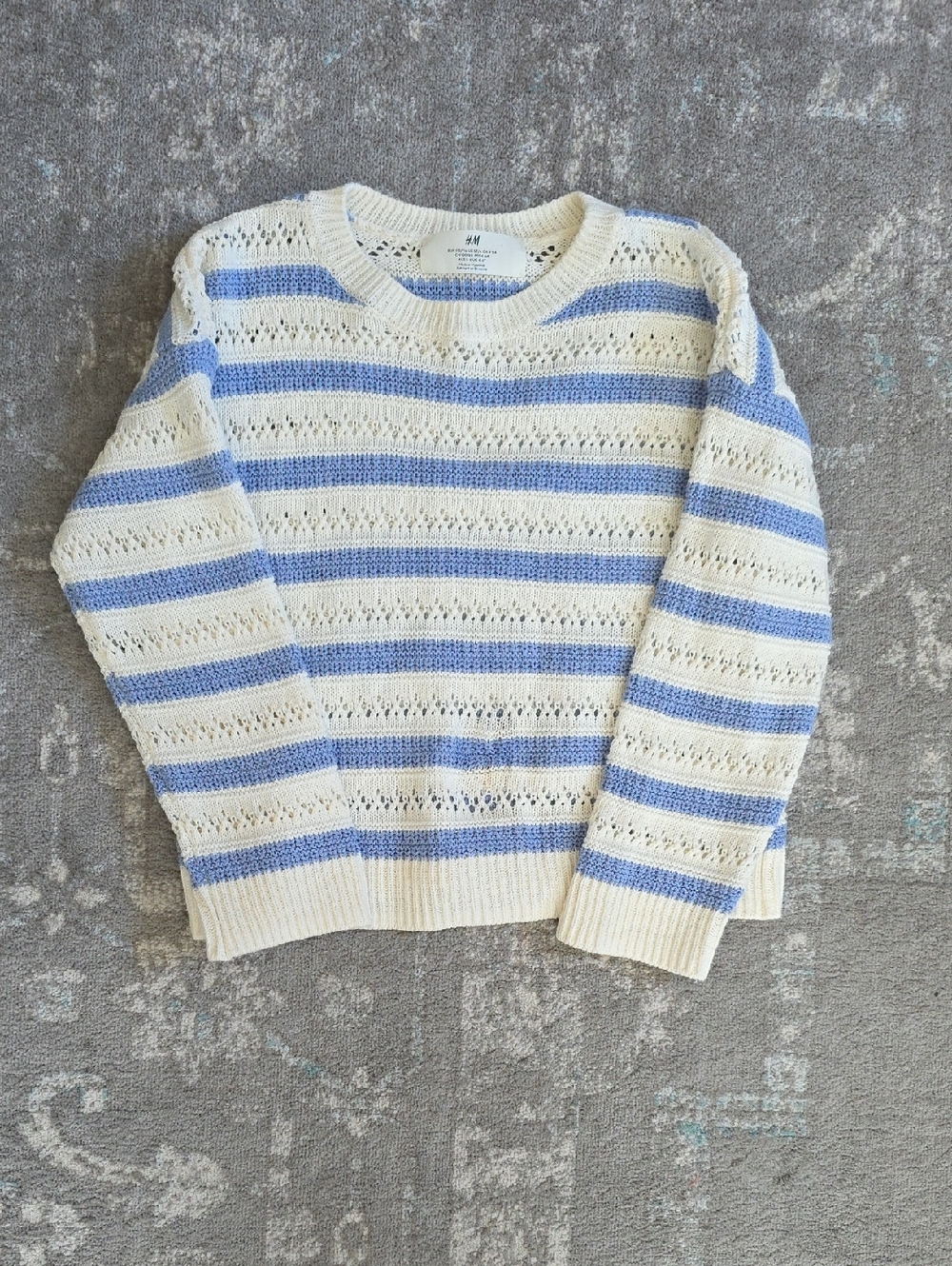 H&M Girls Cream and Light Blue Striped Openwork Knit Pullover Size 5T-6
